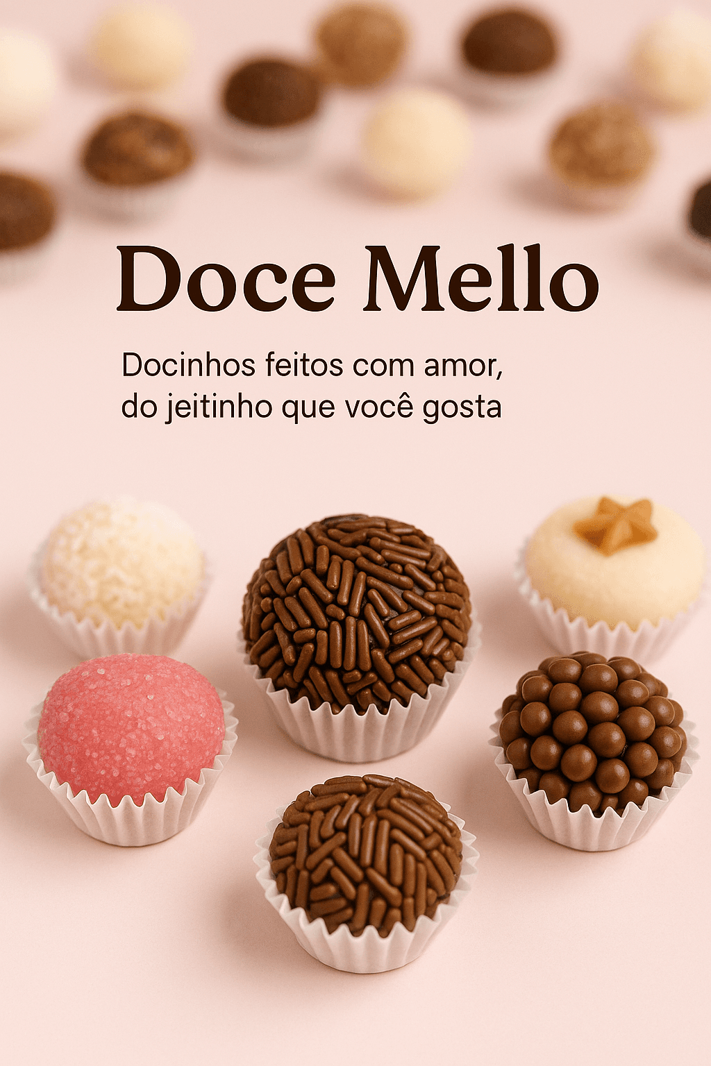 Arte da Doce Mello com brigadeiros e a frase: Docinhos feitos com amor, do jeitinho que você gosta