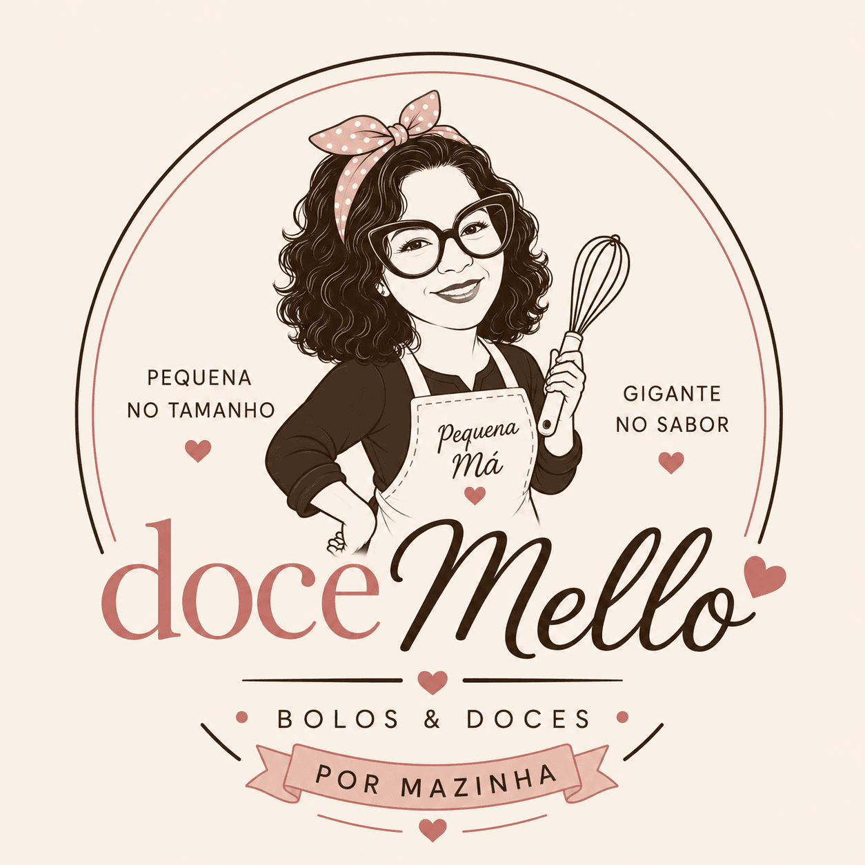 Logo original Doce Mello, bolos e doces por Mazinha: ilustração com lenço, cabelo ondulado, óculos e avental, com as frases Pequena no tamanho e Gigante no sabor.